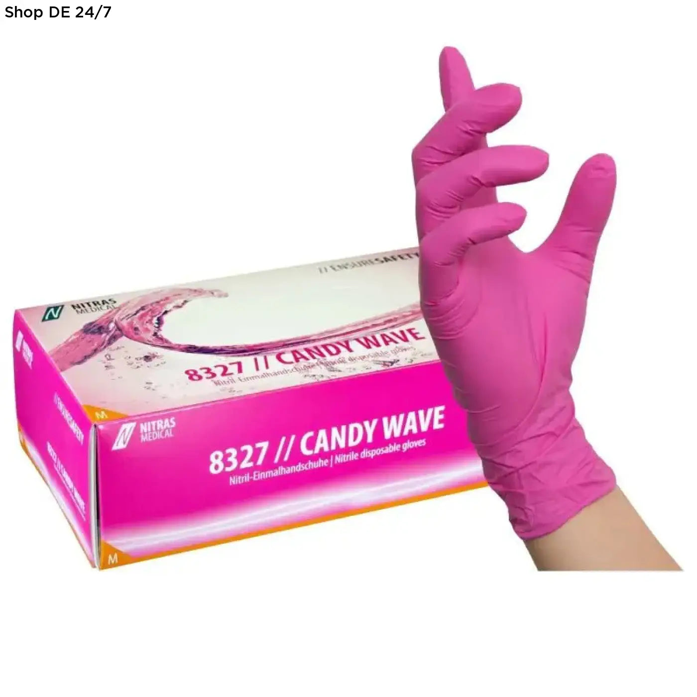 Ein pinker nitrilhandschuh candy wave mit glatter oberfläche und beidseitig tragbar ideal für medizinische einrichtungen