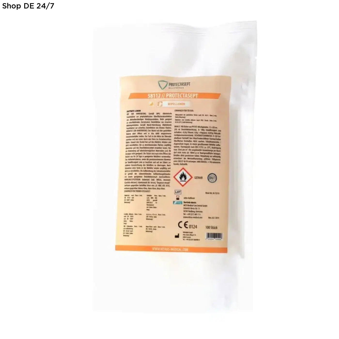 Ein beige-orange etikettiertes plastikbeutel mit nitras protectasept desinfektionstüchern für universelle flächendesinfektion
