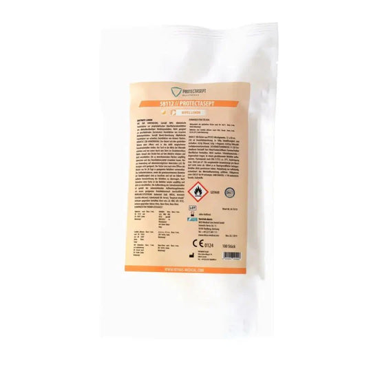 Ein beige-orange etikettiertes plastikbeutel mit nitras protectasept desinfektionstüchern für universelle flächendesinfektion