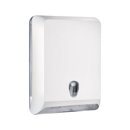 Weißes wandmontiertes faltwandtuchspender h3 mit metallic silber druckknopf bietet deutsche qualität und zuverlässiger schutz