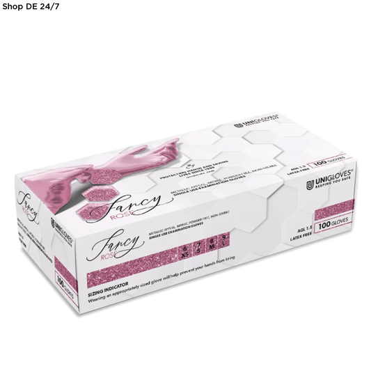 Weiße box mit unigloves fancy rose glänzenden pinken nitril-einmalhandschuhen mit mikrogeraute fingerspitzen