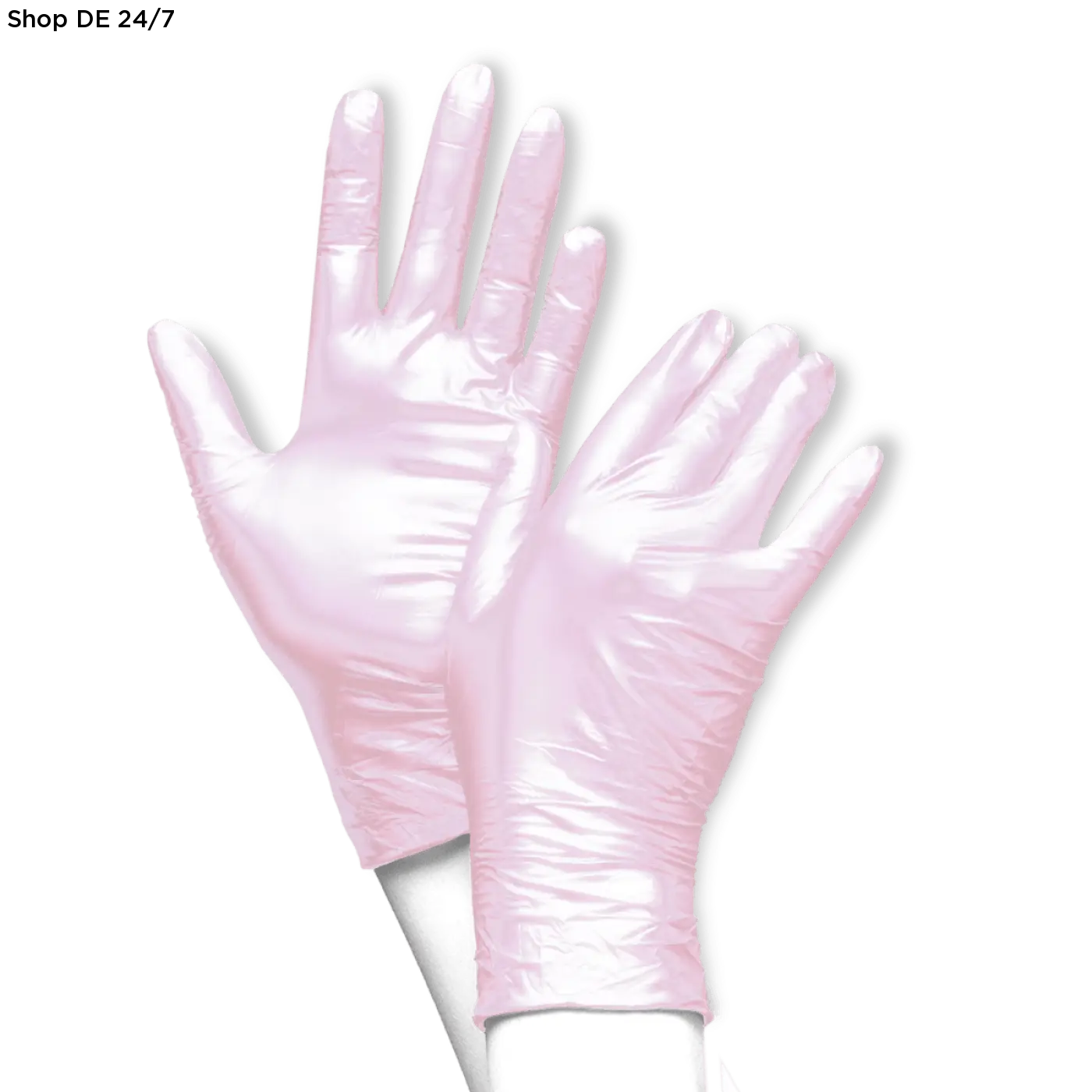 Ein paar pinke glänzende disposable handschuhe aus hochwertigem nitril mit mikrogeraute fingerspitzen von unigloves fancy® rose