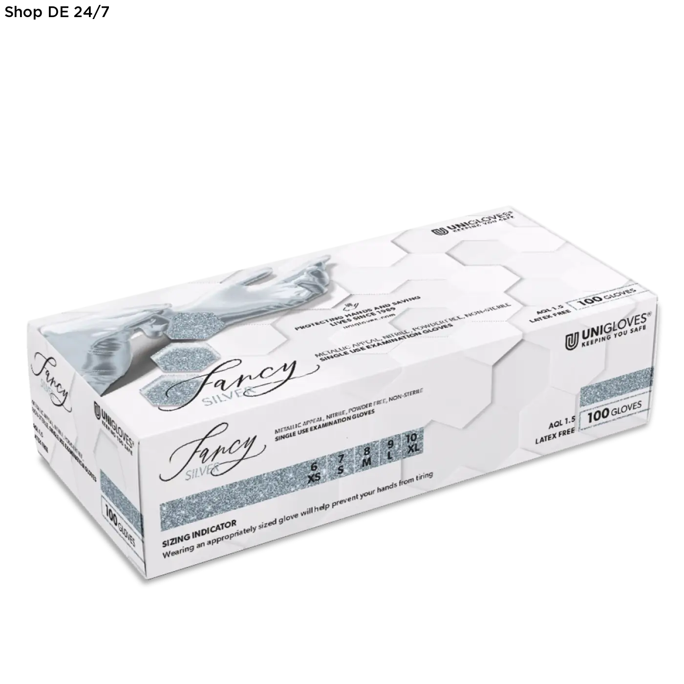 Weiße kartonverpackung der unigloves fancy silber nitril einmalhandschuhe latexfrei 100 stück pro packung