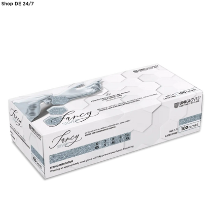 Weiße kartonverpackung der unigloves fancy silber nitril einmalhandschuhe latexfrei 100 stück pro packung