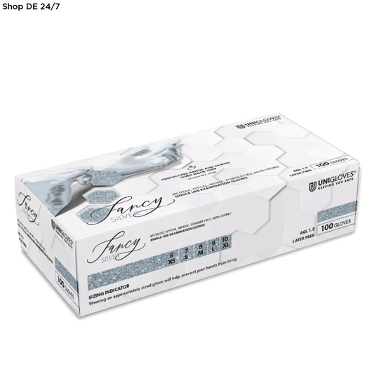 Weiße kartonverpackung der unigloves fancy silber nitril einmalhandschuhe latexfrei 100 stück pro packung