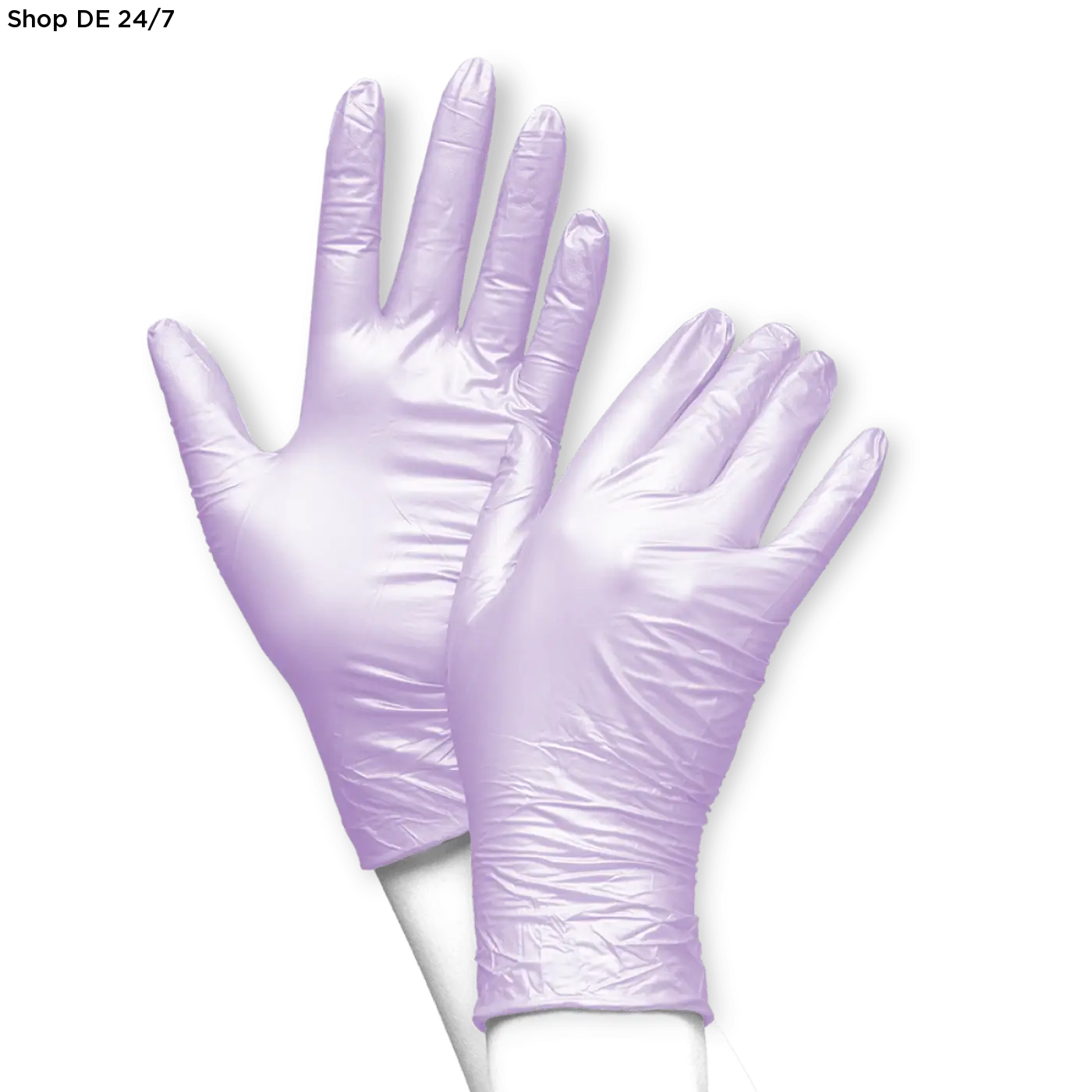 Ein paar lavendelfarbene glänzende nitril-einmalhandschuhe von fancy violett an weißen schaufensterhänden zertifizierte deutsche qualität zuverlässiger schutz