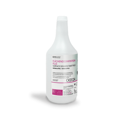 Weiße plastikflasche unigloves flächendesinfektion plus mit grüner apfel duft und pinkem etikett für zuverlässiger schutz und deutsche qualität