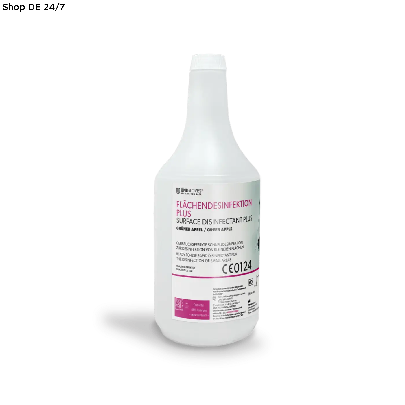 Weiße plastikflasche unigloves flächendesinfektion plus mit grüner apfel duft und pinkem etikett für zuverlässiger schutz und deutsche qualität