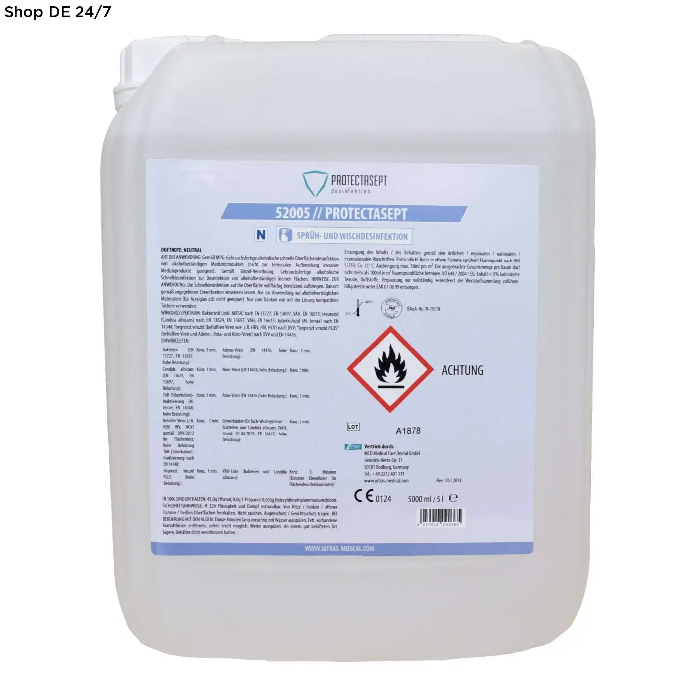 Weiße kunststoffflasche protectasept flächendesinfektion s2005 protecseinfekt schnelle effektive desinfektion 5 liter neutral