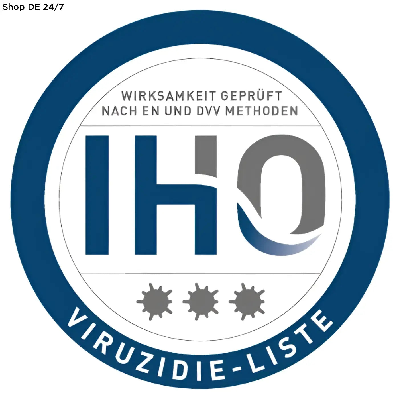 Blau-graues logo iho mit virus-symbolen viruzidie-liste für flächendesinfektion protectasept sf 5 liter neutral