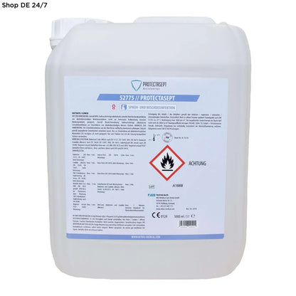 Weißes kunststoffkanister mit protectasept farbige einmalhandschuhe für zuverlässiger schutz und deutsche qualität flächendesinfektion 5 liter