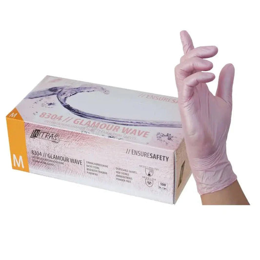 Pinkfarbene nitril-einmalhandschuhe mit zuverlässigem schutz und deutscher qualität im paket von glamour wave