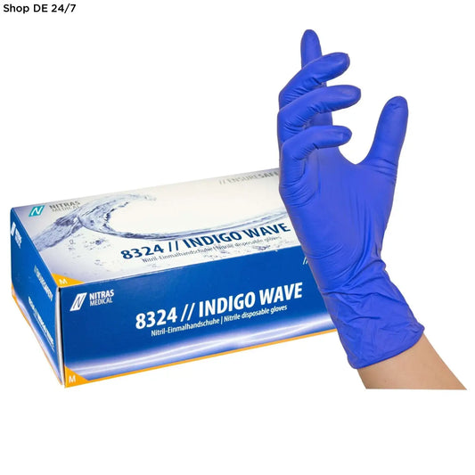 Ein vibrierender blauer nitril-einmalhandschuh nitras indigo wave mit mikrogerauter fingerspitze für anspruchsvolle umgebungen