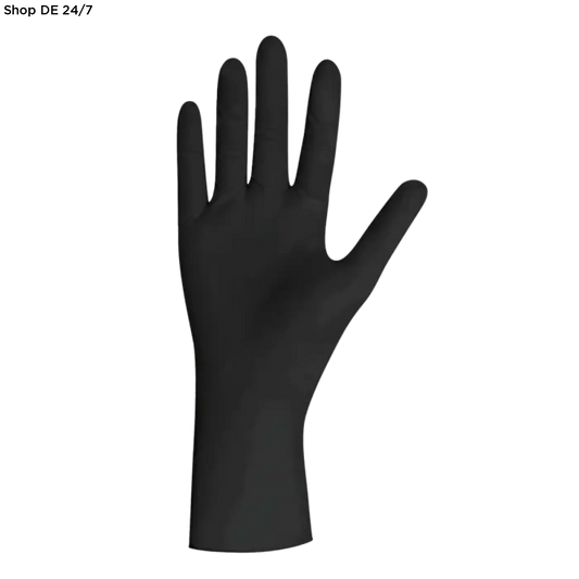 Schwarze latex einmalhandschuhe mit glatter glänzender oberfläche und natürlicher handform für flexiblen schutz