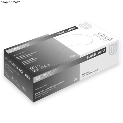 Weiß-graue kartonverpackung von unigloves einmalhandschuhen aus schwarzem latex mit 100 einheiten für stilvollen schutz