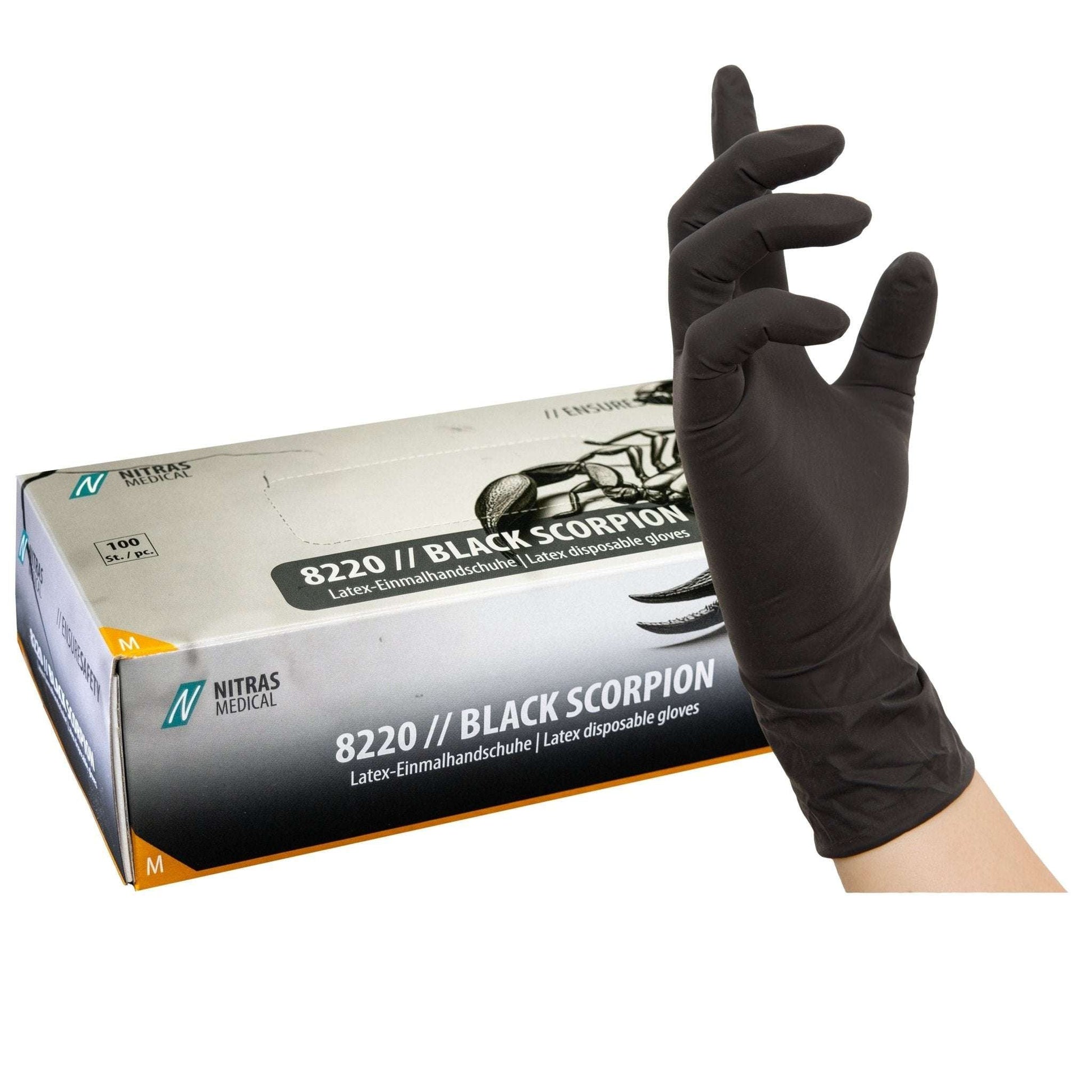 Latex Einmalhandschuhe BLACK SCORPION: Ultimativer Schutz mit Stil 1000 Stück - Shop DE 24/7NITRASXSSchwarzBLACK SCORPION: Ultimativer Schutz mit Stil - Shop DE 24/7NITRASXSSchwarzNITRAS BLACK SCORPION, Latex - Einmalhandschuh, schwarz, EN ISO 374, Box à 100 Stück