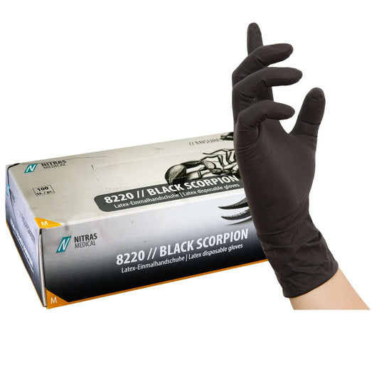 Latex Einmalhandschuhe BLACK SCORPION: Ultimativer Schutz mit Stil 1000 Stück - Shop DE 24/7NITRASXSSchwarzBLACK SCORPION: Ultimativer Schutz mit Stil - Shop DE 24/7NITRASXSSchwarzNITRAS BLACK SCORPION, Latex - Einmalhandschuh, schwarz, EN ISO 374, Box à 100 Stück