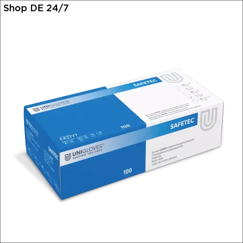 Blaue und weiße box mit unigloves safetec latexhandschuhe safetec disposable latexhandschuhe für sicheren griff und hygiene