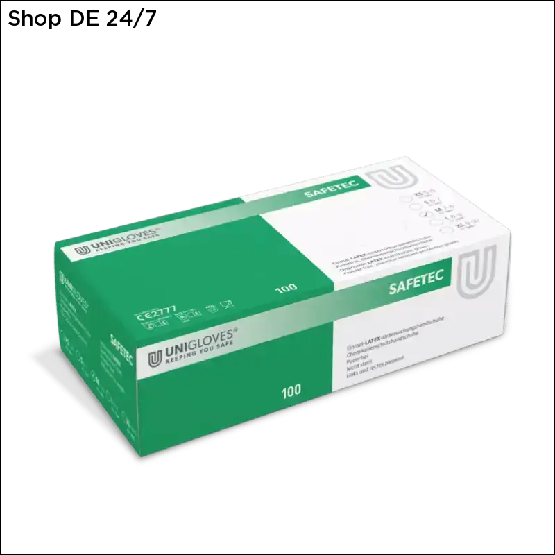 Grüner und weißer karton mit unigloves safetec latexhandschuhe safetec für sicheren griff und vielseitigen schutz