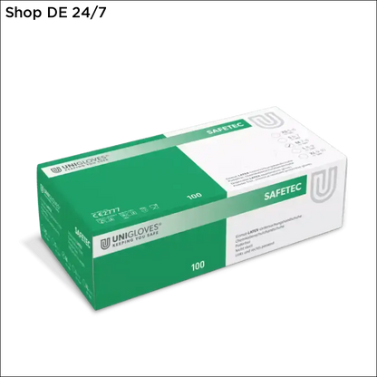 Grüner und weißer karton mit unigloves safetec latexhandschuhe safetec für sicheren griff und vielseitigen schutz