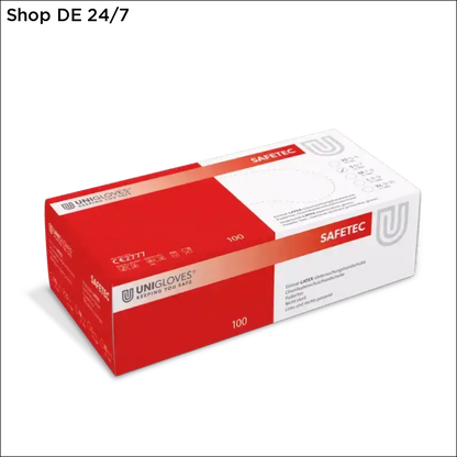 Rote und weiße box latexhandschuhe safetec unigloves safetec® mit 100 vielseitigen latexhandschuhen für sicheren griff