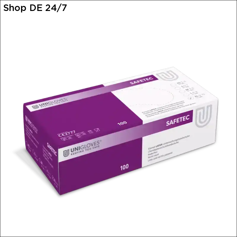 Box mit 100 paar purple und weißen unigloves safetec latexhandschuhe safetec für vielseitigen hygiene schutz und sicheren griff