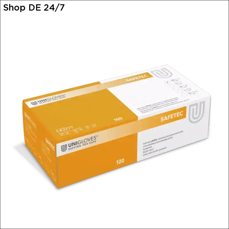 Orange-weiße box von unigloves safetec latexhandschuhe safetec bietet sicherer griff und vielseitigen hygiene-schutz