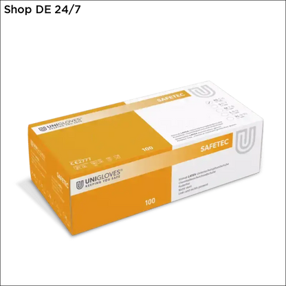 Orange-weiße box von unigloves safetec latexhandschuhe safetec bietet sicherer griff und vielseitigen hygiene-schutz