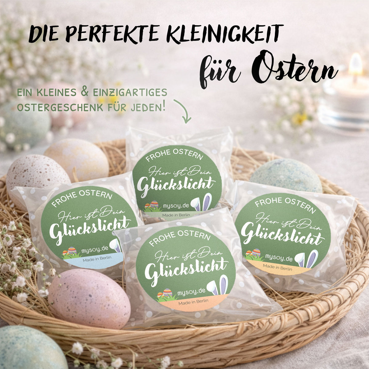 Kleine Ostergeschenke Set – Glückslicht Teelichter mit Botschaft | Made in Berlin aus Recycling-Material