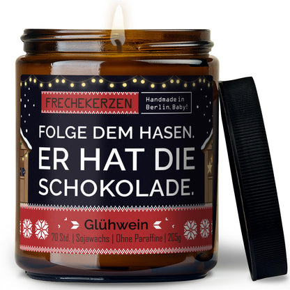 Duftkerze mit Spruch | folge dem hasen. er hat die schokolade.