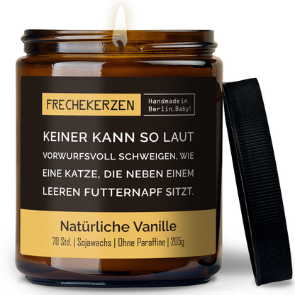 Geschenkkerze | keiner kann so laut vorwurfsvoll schweigen, wie eine katze, die neben einem leeren futternapf sitzt.