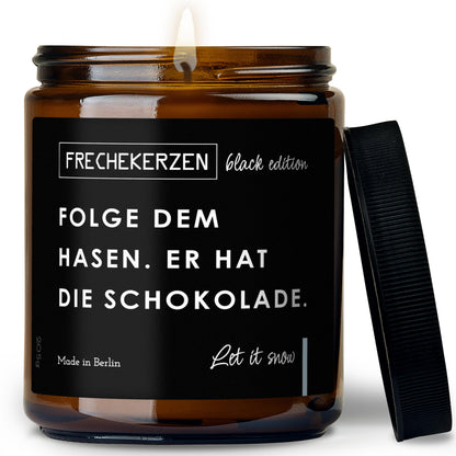 Kerze mit Spruch | folge dem hasen. er hat die schokolade.