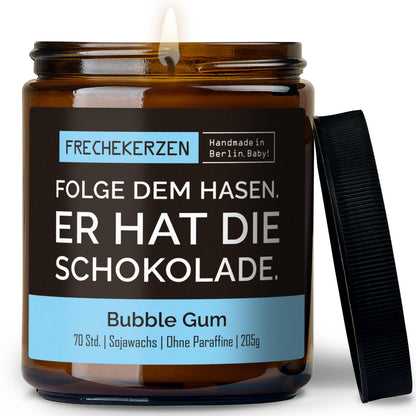 Duftkerze mit Spruch | folge dem hasen. er hat die schokolade.