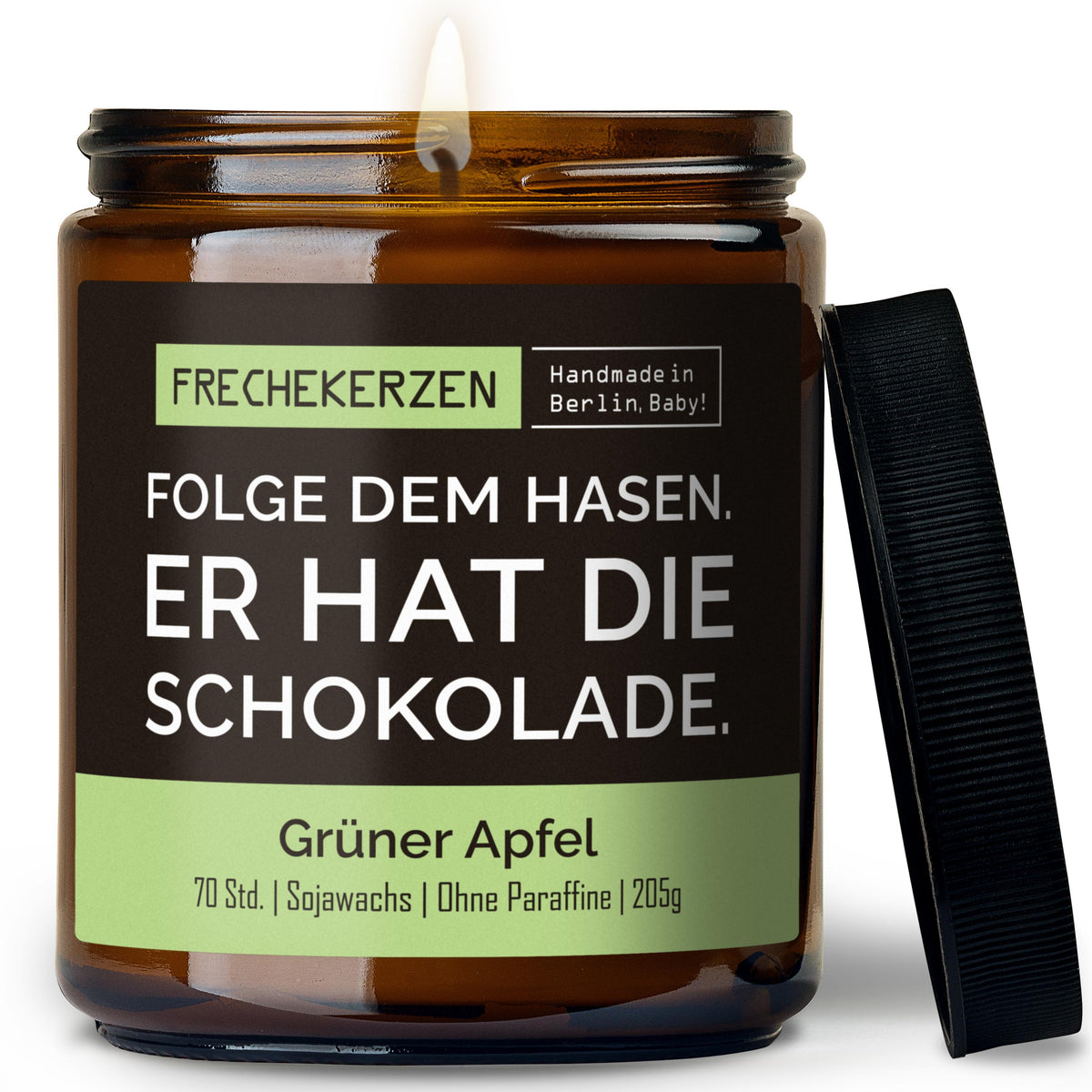 Duftkerze mit Spruch | folge dem hasen. er hat die schokolade.