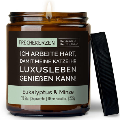 Kerze mit Spruch | ich arbeite hart, damit meine katze ihr luxusleben genießen kann!