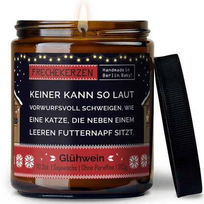 Geschenkkerze | keiner kann so laut vorwurfsvoll schweigen, wie eine katze, die neben einem leeren futternapf sitzt.