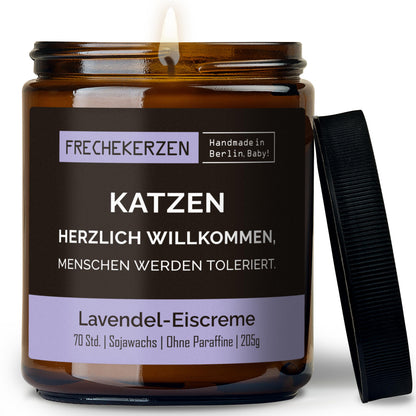 Kerze mit Spruch | katzen herzlich willkommen, menschen werden toleriert.