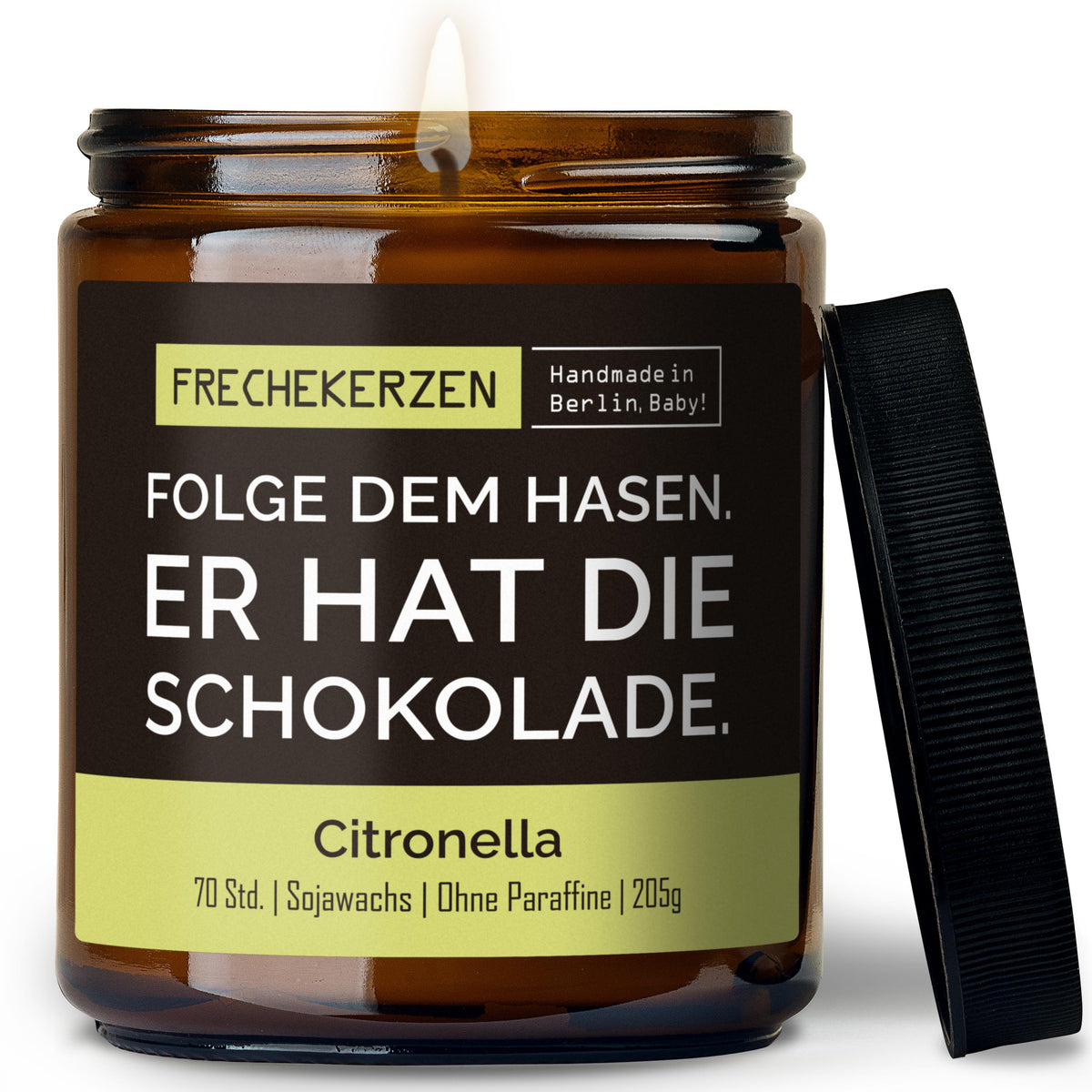 Duftkerze mit Spruch | folge dem hasen. er hat die schokolade.
