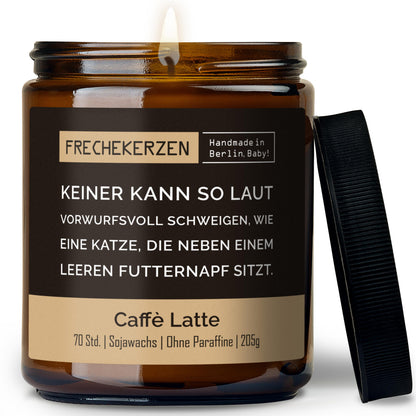 Geschenkkerze | keiner kann so laut vorwurfsvoll schweigen, wie eine katze, die neben einem leeren futternapf sitzt.