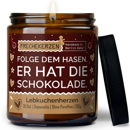 Duftkerze mit Spruch | folge dem hasen. er hat die schokolade.