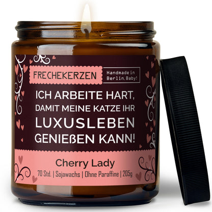 Kerze mit Spruch | ich arbeite hart, damit meine katze ihr luxusleben genießen kann!