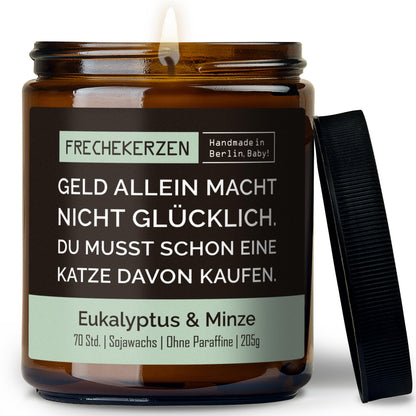 Kerze im Glas | geld allein macht nicht glücklich. du musst schon eine katze davon kaufen.