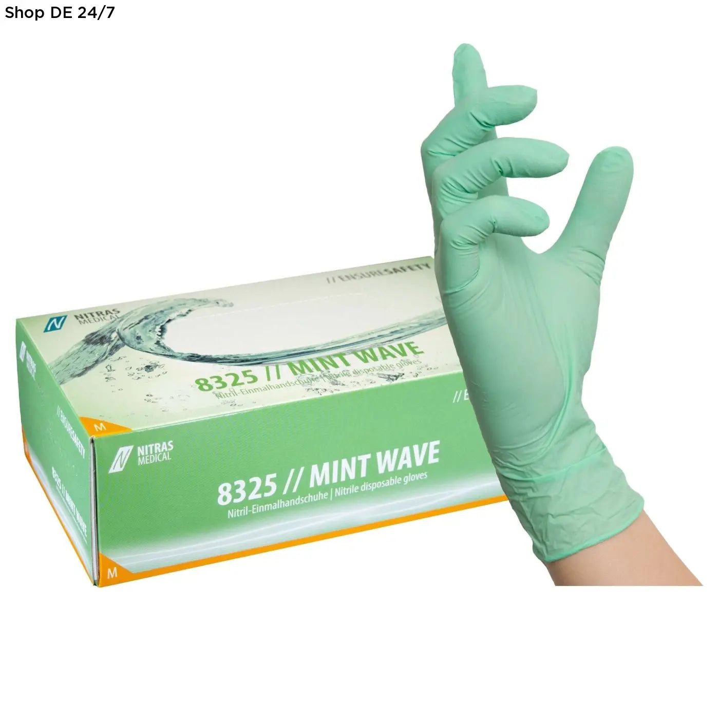 Ein mint wave handschuhe nitril-einmalhandschuh in mintgrün mit hochwertigem nitril und mikrogerauten fingerspitzen neben der verpackung