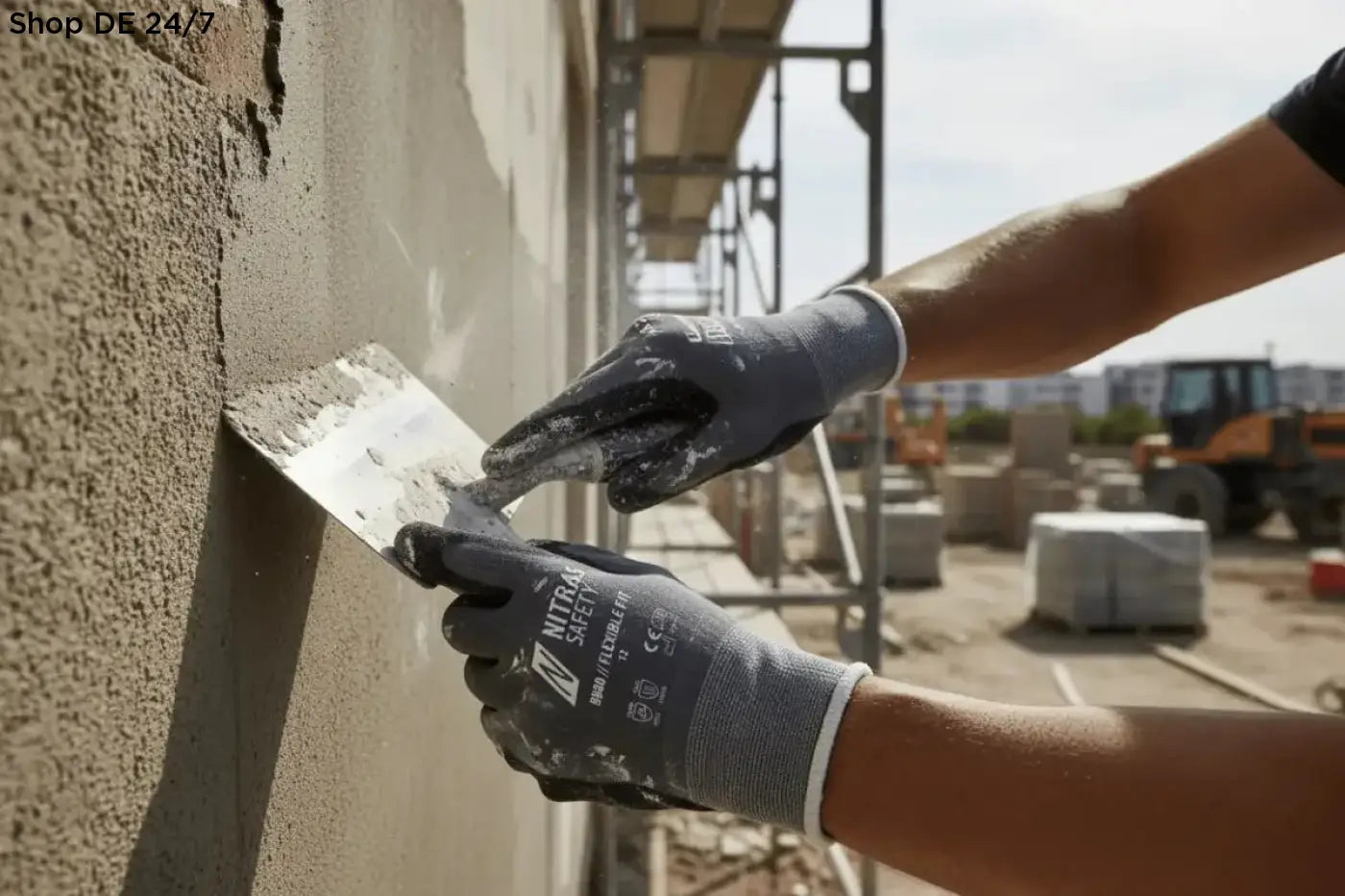 Montagehandschuhe mit nitril schaumbeschichtung in grau mit weißem rand bieten deutsche qualität und zuverlässigen schutz beim verputzen