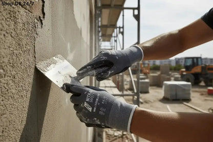 Montagehandschuhe mit nitril schaumbeschichtung in grau mit weißem rand bieten deutsche qualität und zuverlässigen schutz beim verputzen