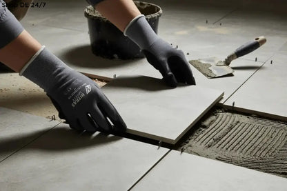 Graue montagehandschuhe mit nitril schaumbeschichtung und syllys marke auf der rückseite bieten zuverlässiger schutz in deutscher qualität