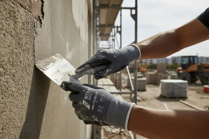 Montagehandschuhe mit nitril schaumbeschichtung in grau mit weißem rand bieten deutsche qualität und zuverlässigen schutz beim verputzen