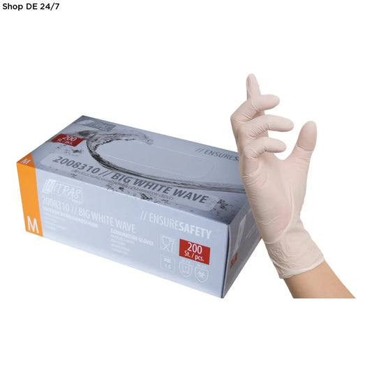 Ein einzelner, weißer nitril-einmalhandschuh nitras big white mit sicherem grip neben seiner weißen iso 374 verpackung