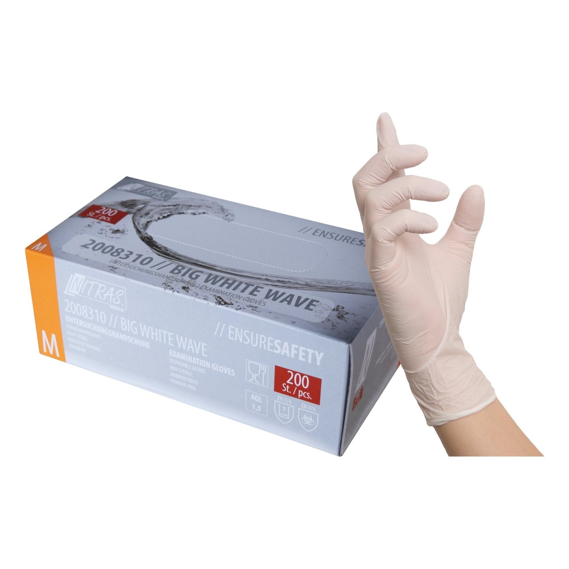 Ein einzelner, weißer nitril-einmalhandschuh nitras big white mit sicherem grip neben seiner weißen iso 374 verpackung