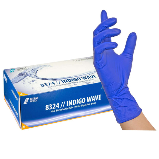 NITRAS INDIGO WAVE: Professioneller Schutz in Dunkelblau - Shop DE 24/7NITRASXSNITRAS INDIGO WAVE, Einmalhandschuhe aus Nitril, dunkelblau, EN ISO 374, Box à 100 Stück